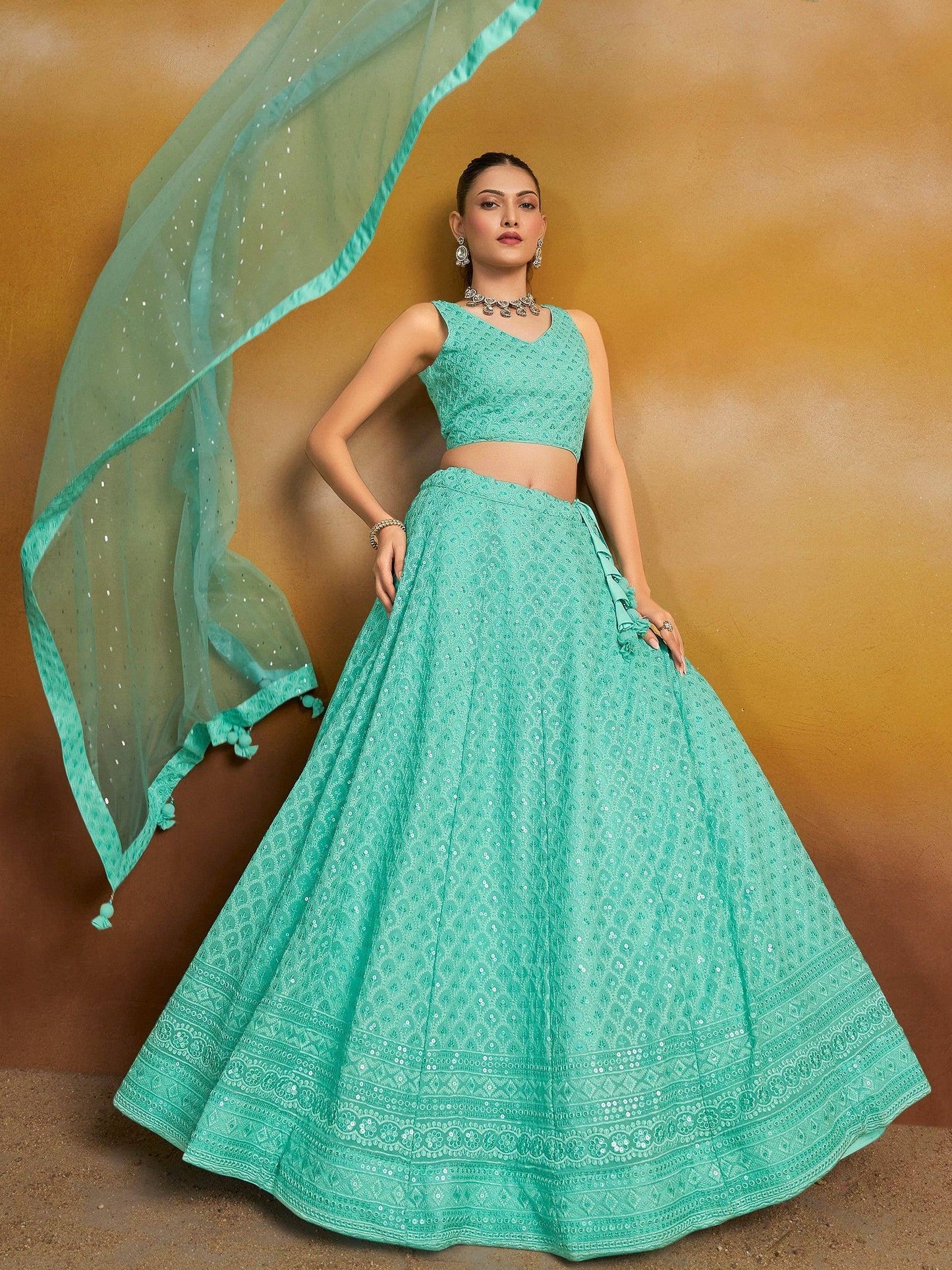 Tulsi Art Wonderful Sky-Blue Thread Work Georgette Wedding Wear Lehenga Choli
