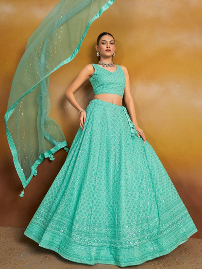 Tulsi Art Wonderful Sky-Blue Thread Work Georgette Wedding Wear Lehenga Choli