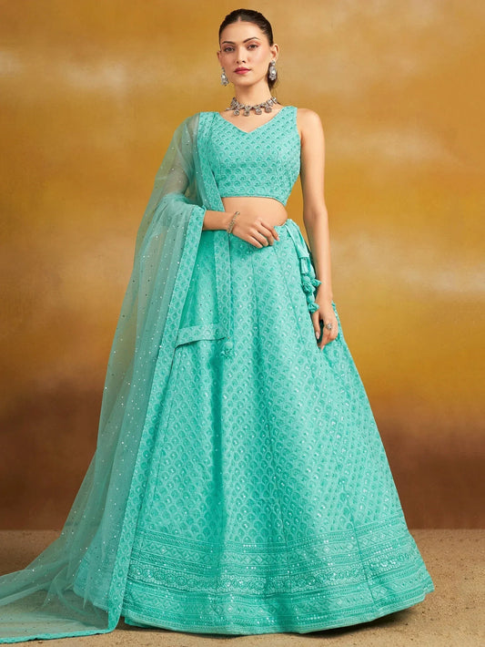 Tulsi Art Wonderful Sky-Blue Thread Work Georgette Wedding Wear Lehenga Choli
