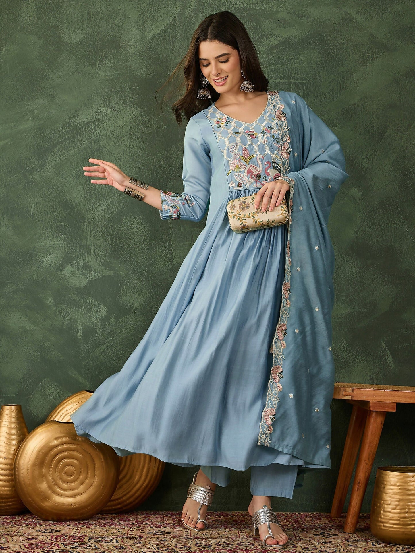 The52 Women's Beautiful Embroidery Work Silk Fabric Flared Kurta Pant and Dupatta Set-Sky