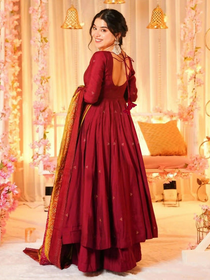 The52 Women's Beautiful Printed Work Viscose Fabric Flared Anarkali Palazzo and Dupatta Set-Maroon