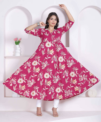 Miravan Womens Pink Floral Printed Angrakha Kurta