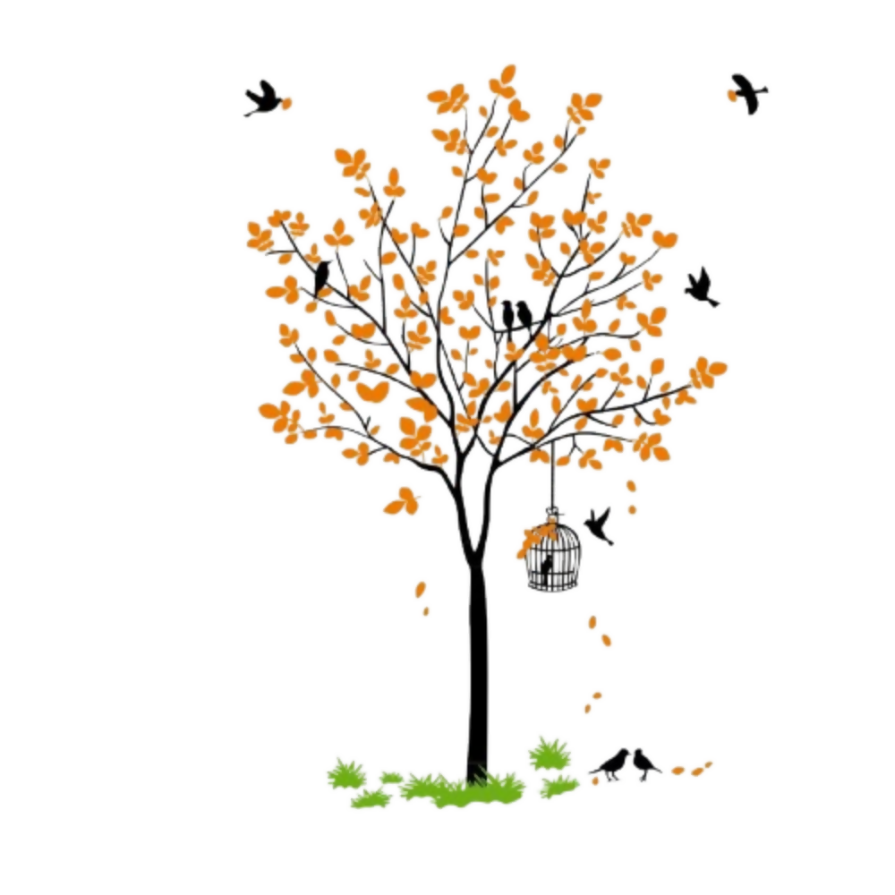 Decal O Decal Vinyl Orange Tree with Birds Cage and Nest Self Adhesive Wall Sticker
