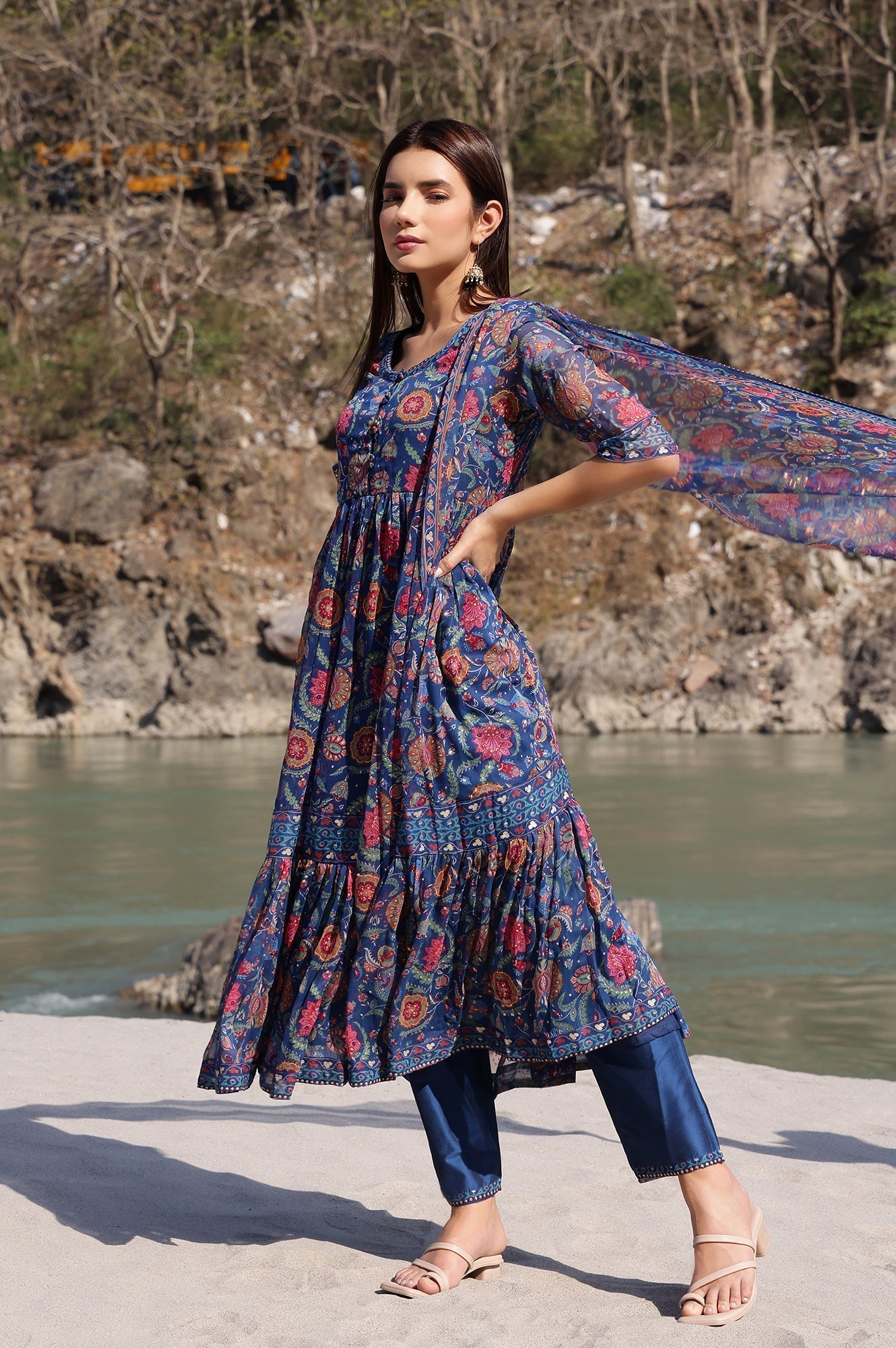 W for Woman Blue Chintz Floral Printed Chiffon Anarkali Kurta, Straight Pants and Dupatta Set