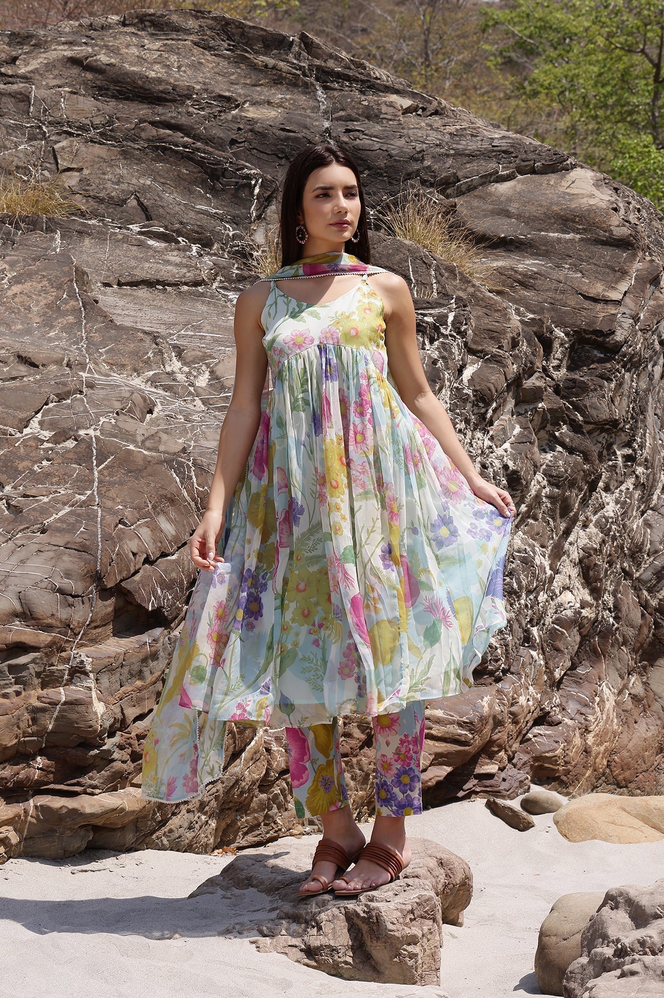 W for Woman Light Blue Floral Printed Sleeveless Chiffon Kurta with Pants and Dupatta Set