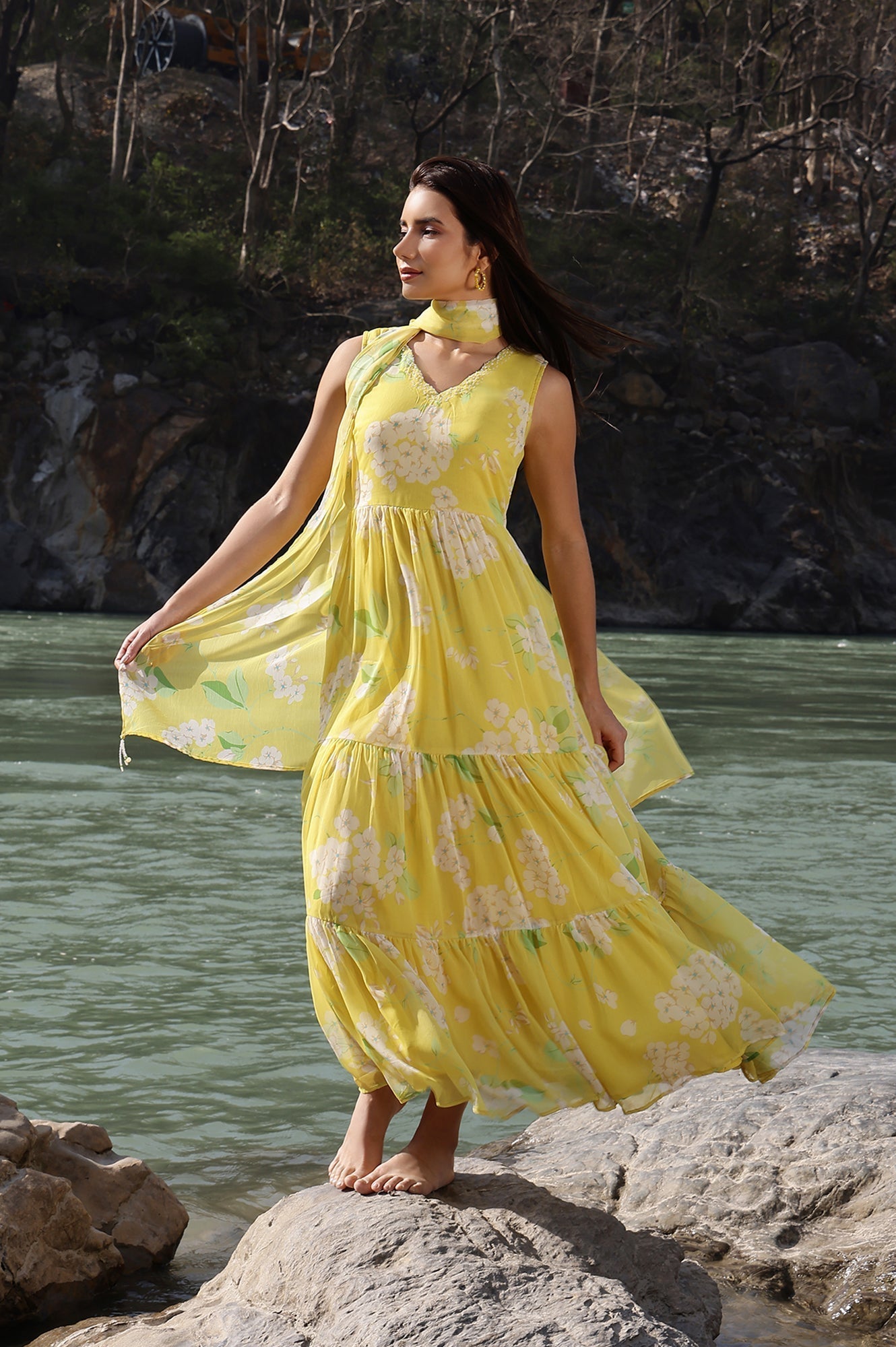 W for Woman Yellow Floral Printed Tiered Dress and Dupatta Set