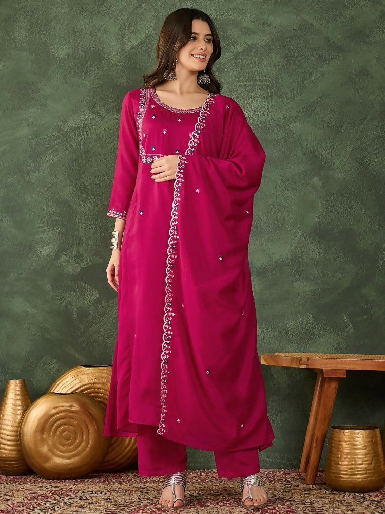 The52 Women's Gorgeous Embroidery Work Vichitra SIlk Fabric Flared Kurta Pant and Dupatta Set