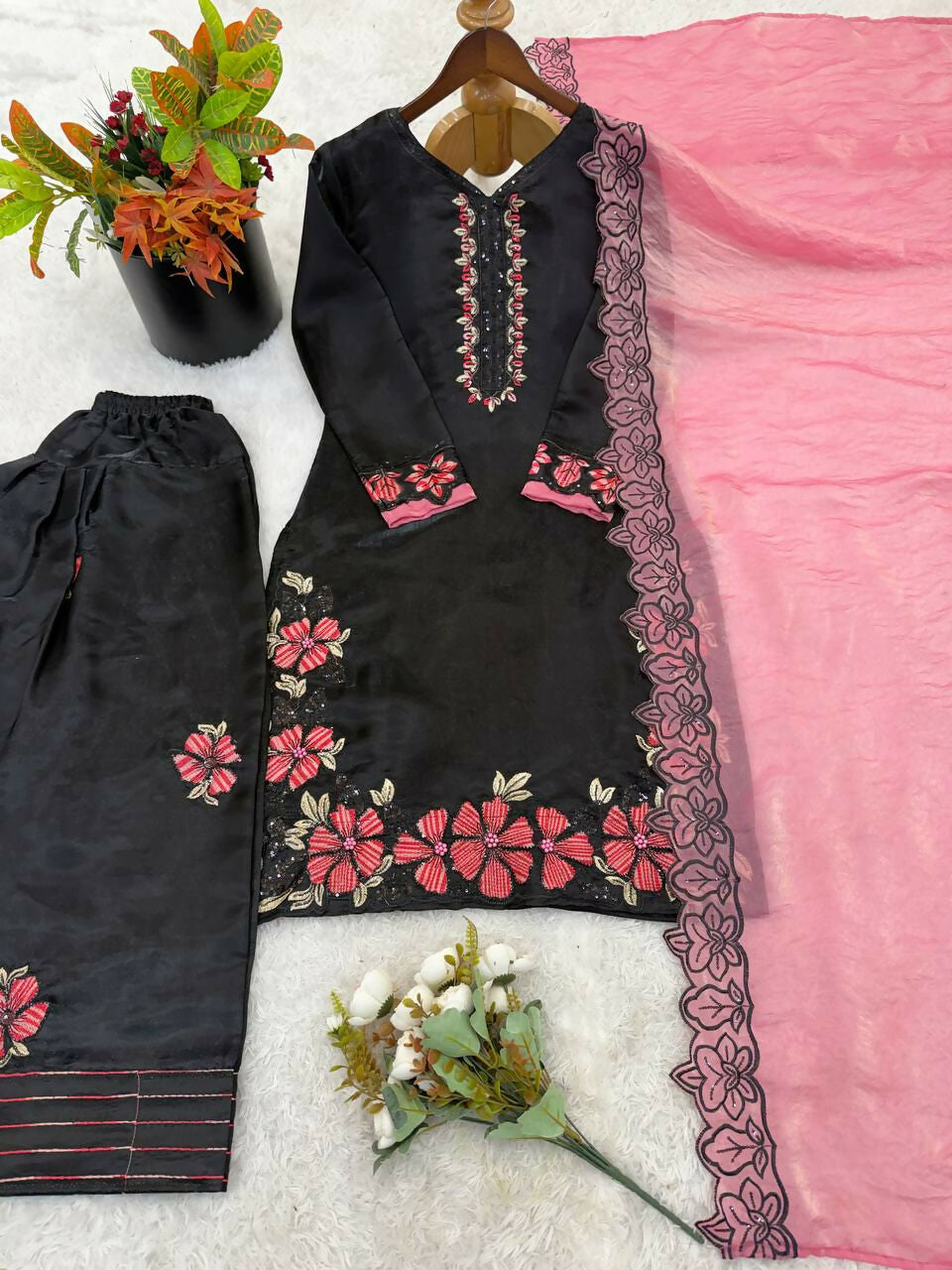 Teeya Creation Women's Fancy Stylish Heavy Embroidery Sequence Work With Rivet Moti Work Peach Kurta Set
