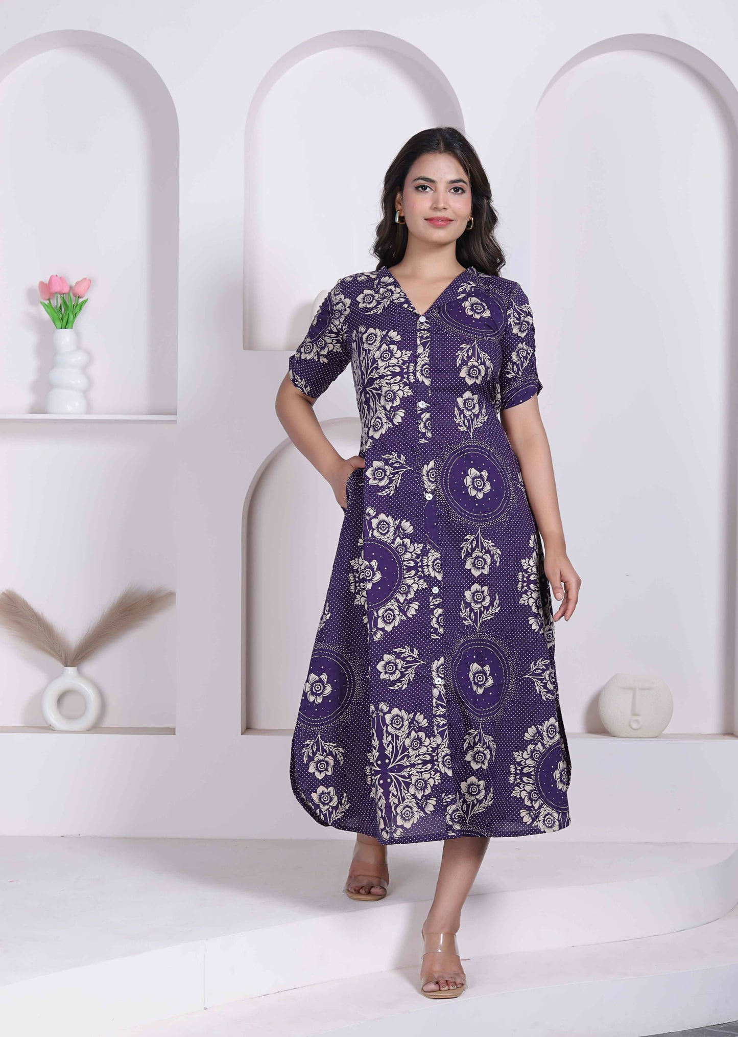 Miravan Womens Floral Printed A-Line Shirt Collar Maxi Dress