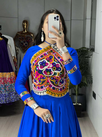 Yash Enterprise Blue Rayon Cotton Embroidery Semi Stitched Navratri Top Chaniya Choli