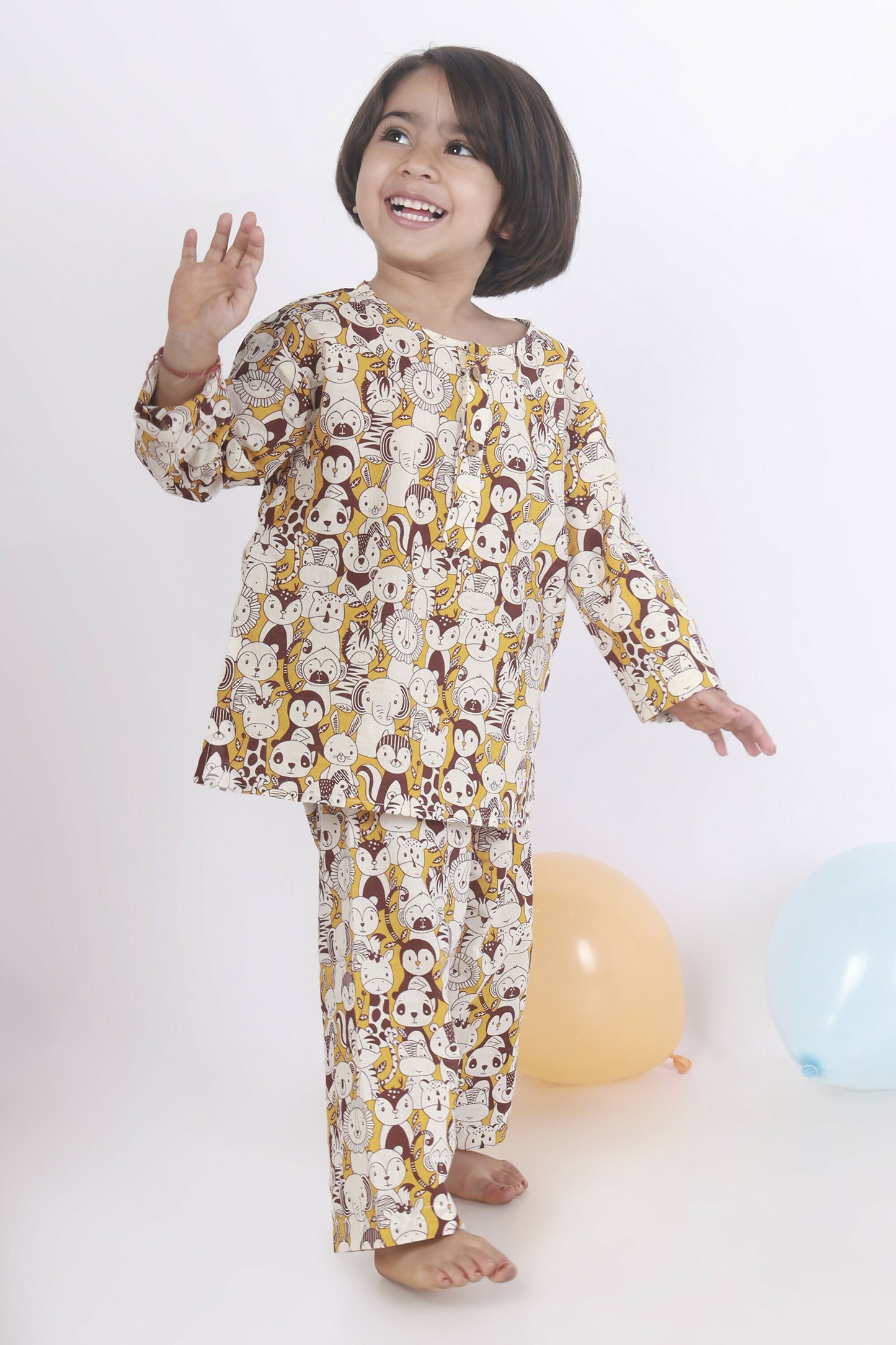 Breathables Sunny Yellow Animal Print Cotton Night Suit For Kids