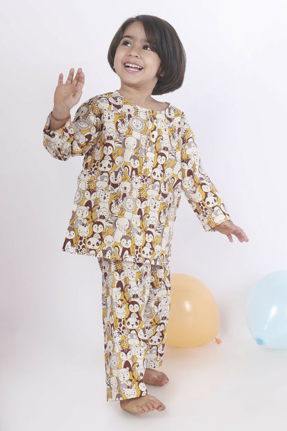 Breathables Sunny Yellow Animal Print Cotton Night Suit For Kids
