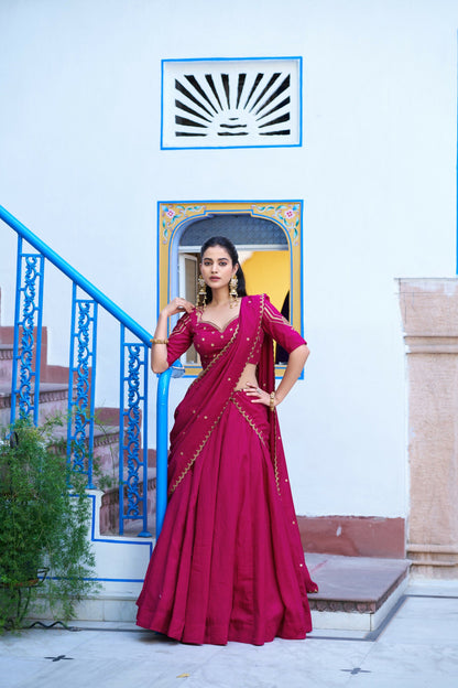 Lorenvalley Fashion Ranipink NC Silk Plain Lehenga Embroidery Work Choli with Dupatta