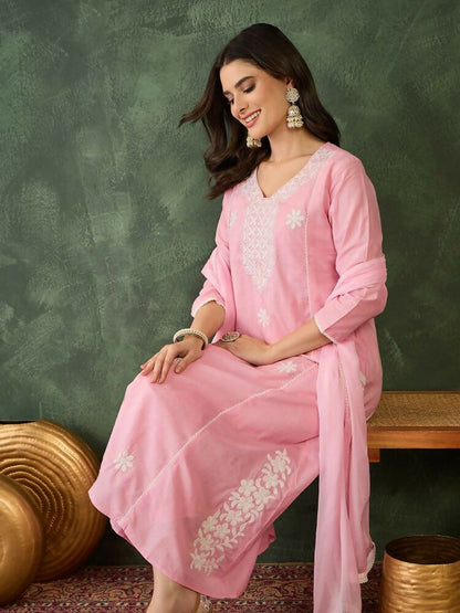 The52 Women's Beautiful Thread Work Cotton satin Fabric Flared Kurta Pant and Dupatta Set