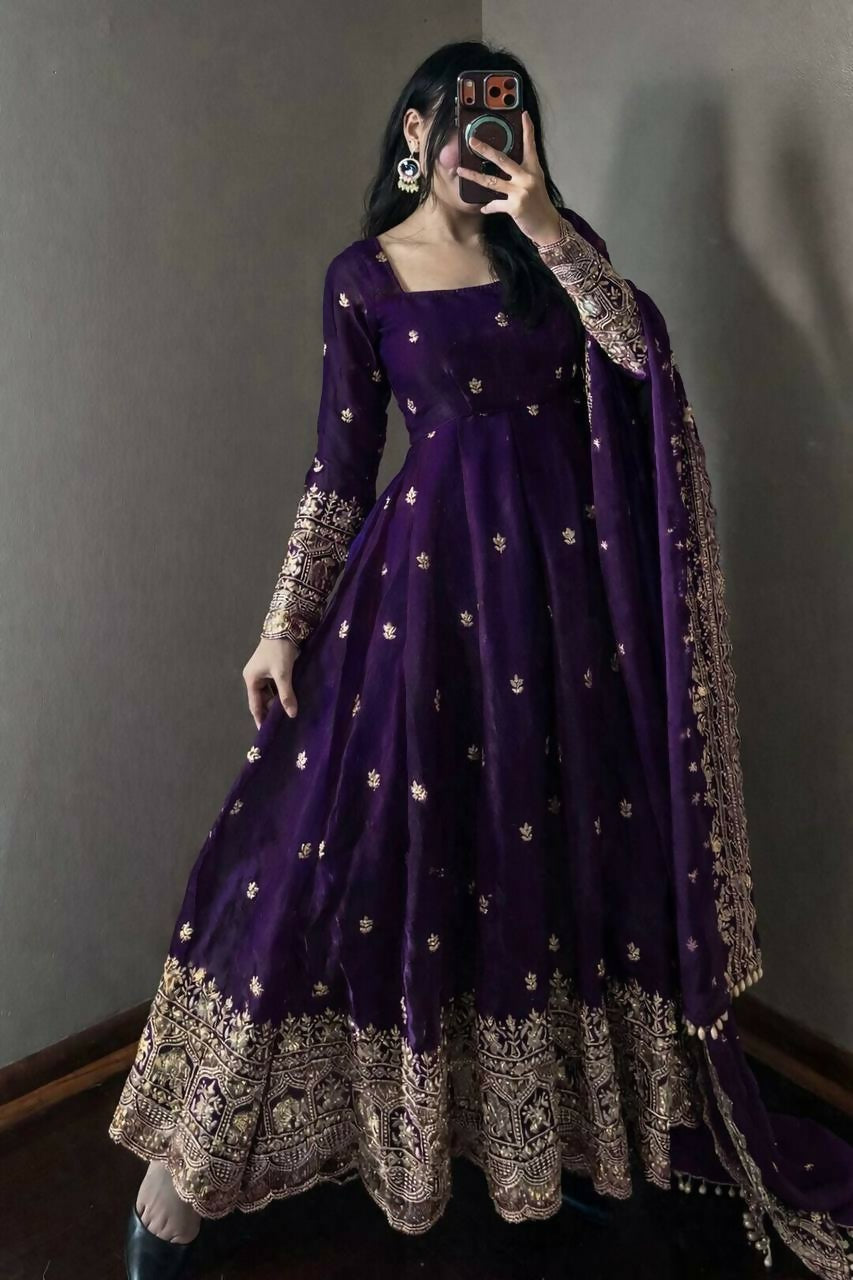 Teeya Creation Deep Purple Embroidered Anarkali Suit Set With Dupatta
