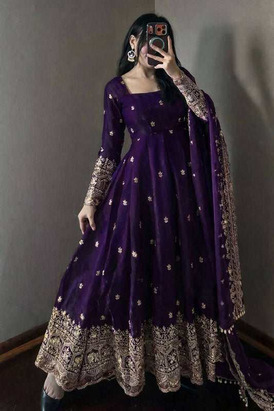 Teeya Creation Deep Purple Embroidered Anarkali Suit Set With Dupatta