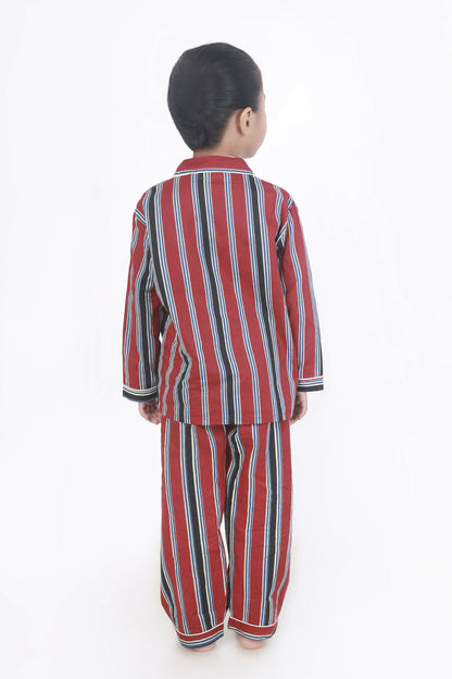 Breathables Kids Cotton Night Suit  Red Stripes Shirt & Pyjama Co-Ord Set For Boys & Girls