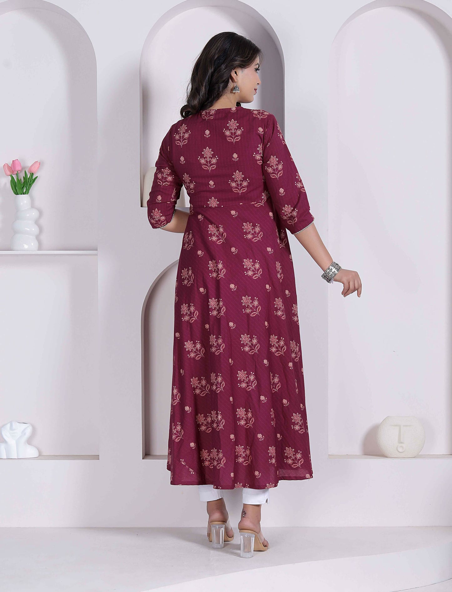 Miravan Womens Maroon Floral Printed Angrakha Pure Cotton Kurta And Dupatta