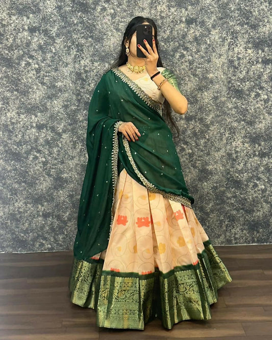 Teeya Creation Womens New Trendy Designer Green Floral Lehenga Choli Set with Contrast Border and Dupatta Set
