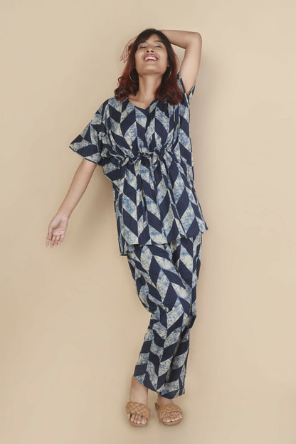 Breathables WomenS Loungewear Kaftan Cotton Blue Geometric Print Co-Ord Set