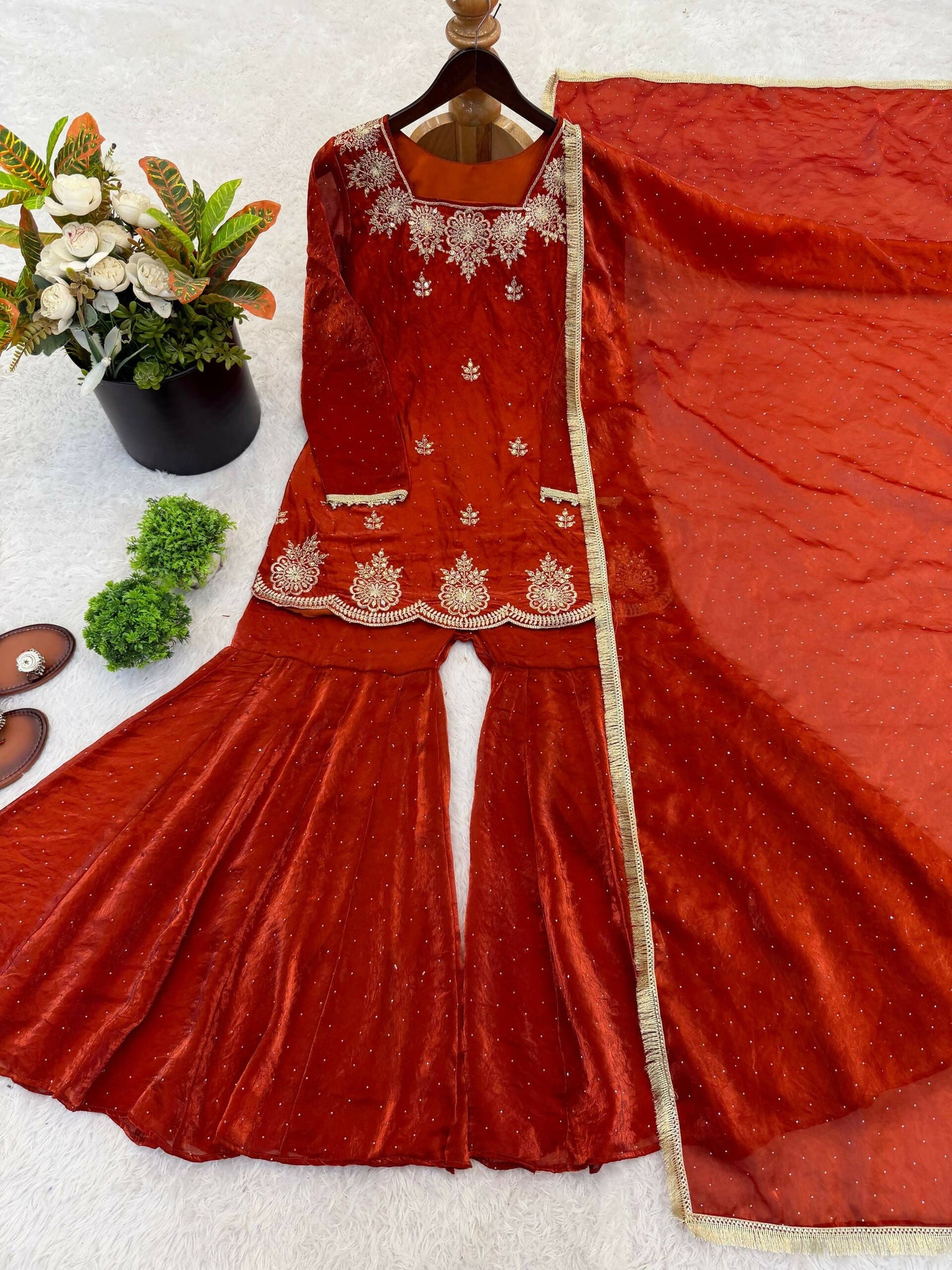 Teeya Creation Womens New Fancy Embroidery Sequence Work With Zarkan Diamond Work Orange Kurta Set