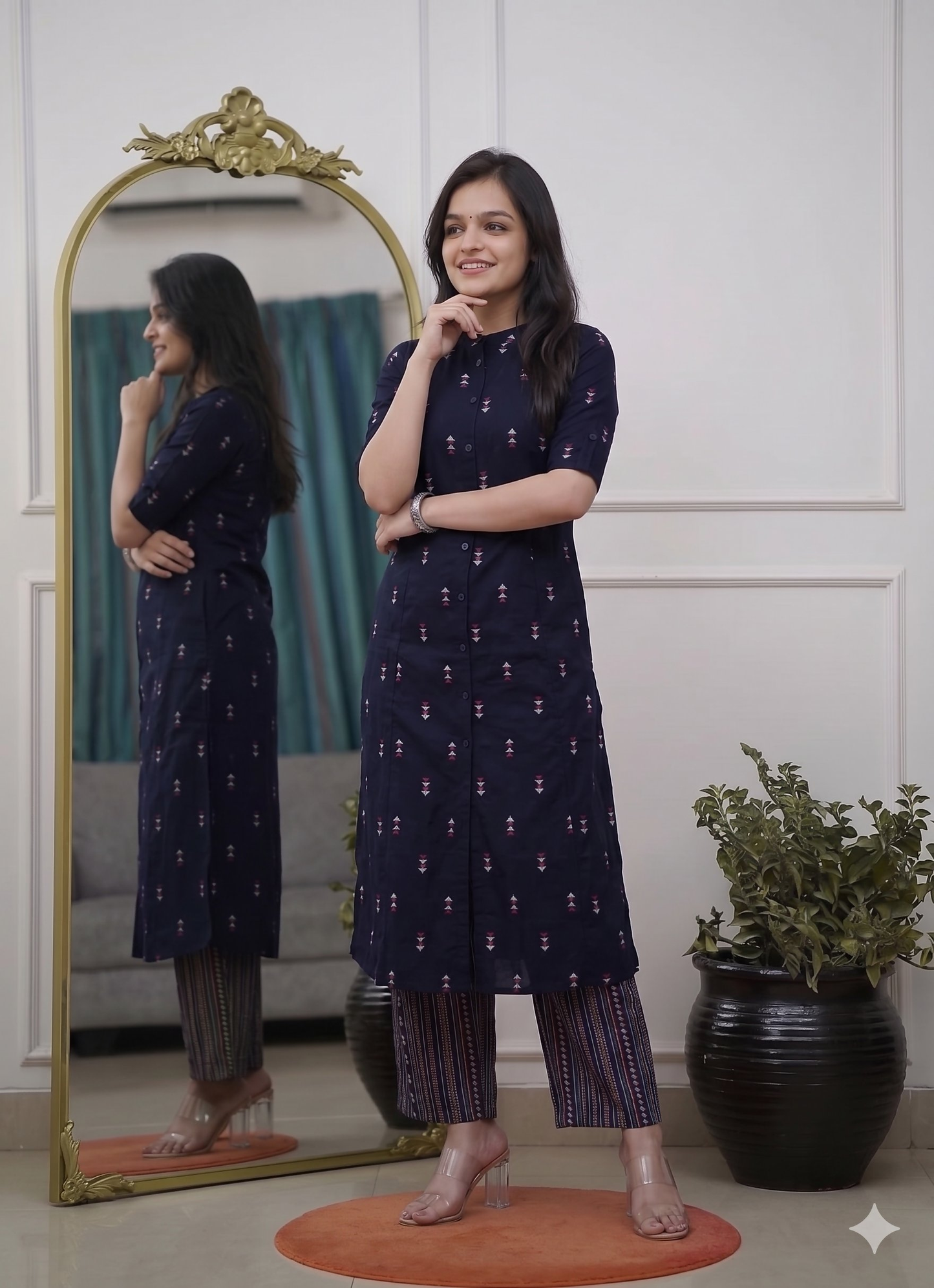 Teeya Creation Stylish Navy Blue Cotton Kurta With Geometric Print And Matching Palazzos