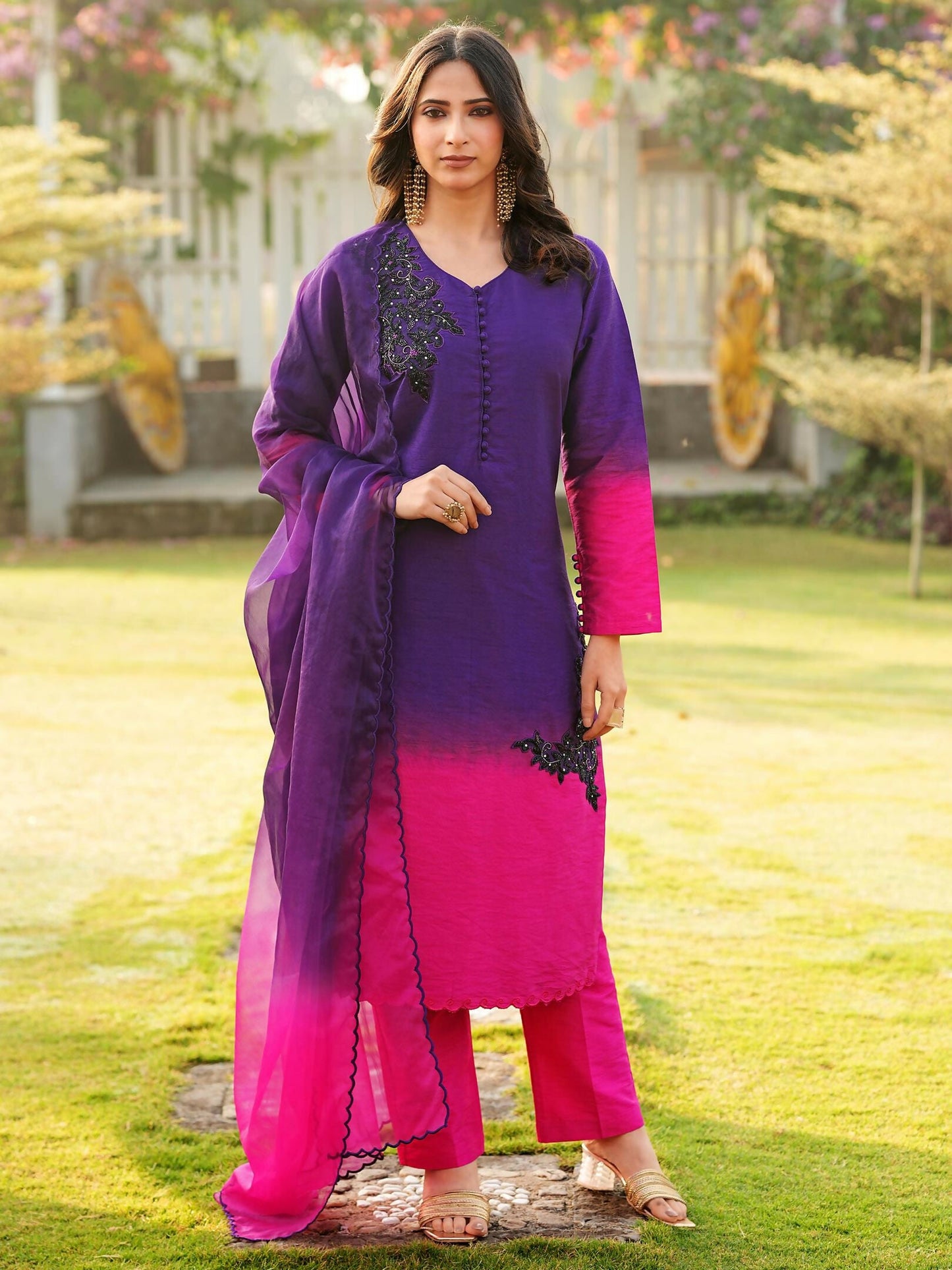 Nikhaar Dark Purple Embroidered Art Silk Stitched Straight Cut Kurta Pants Dupatta Readymade Suit