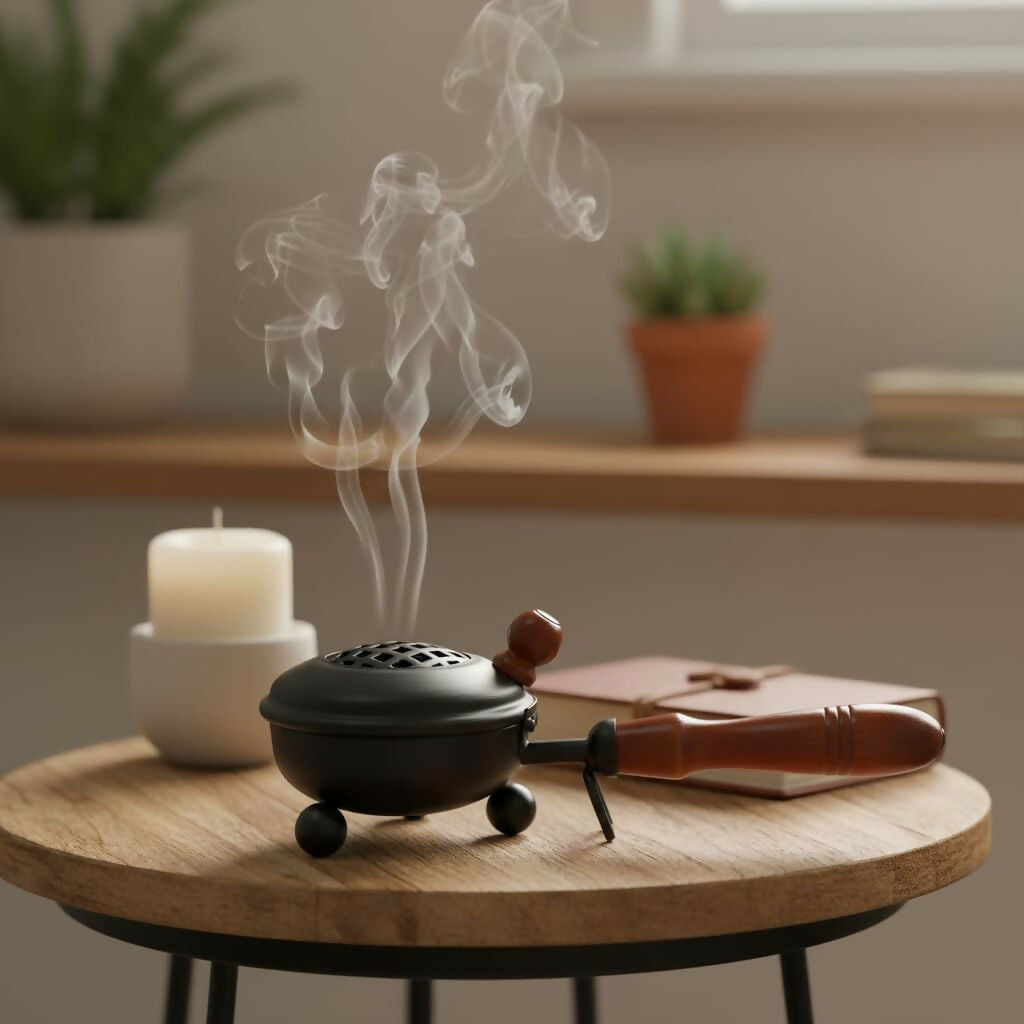 Not Available Handcrafted Metal Dhoop Dani Incense Burner - Black Color