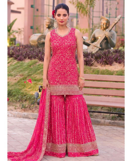 KC Pink Bandhani Printed Heavy Emrboidery Worked Sharara Suit Ethnic Wear
