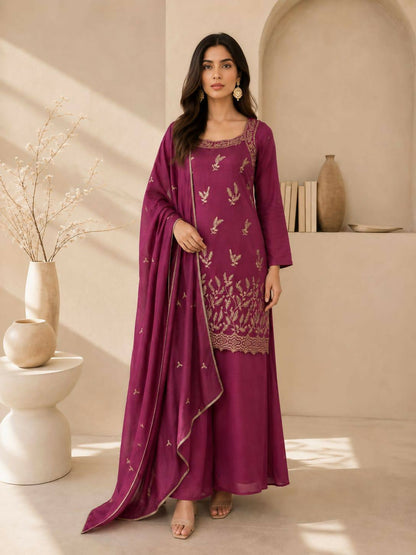 Teeya Creation Wine Embroidered Georgette Straight Kurta With Palazzo And Dupatta Set