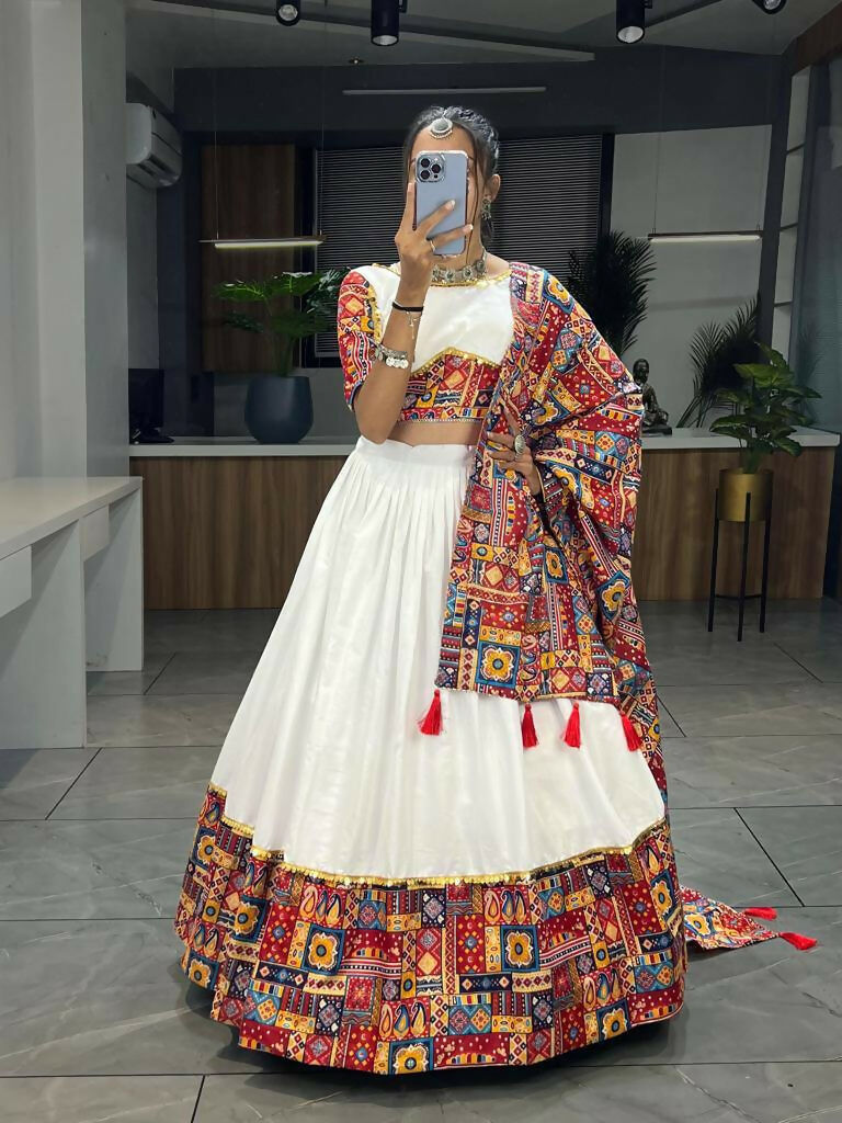 Yash Enterprise White Red Rayon Cotton Embroidery Semi Stitched Navratri Chaniya Choli