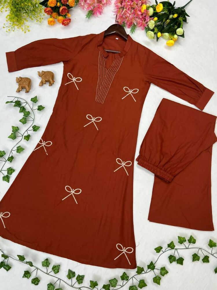 Teeya Creation Women New Trendy Rust Orange Embroidered Cotton Kurta with Palazzos