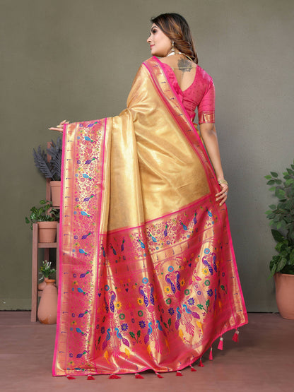 Aastha Fashion Gold Tissue Silk Paithani Woven Saree