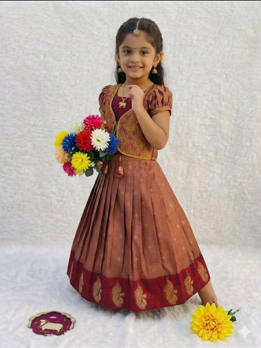 Teeya Creation Girls Rust Red Silk Traditional Langa Voni Lehenga Set With Koti Jacket-Red