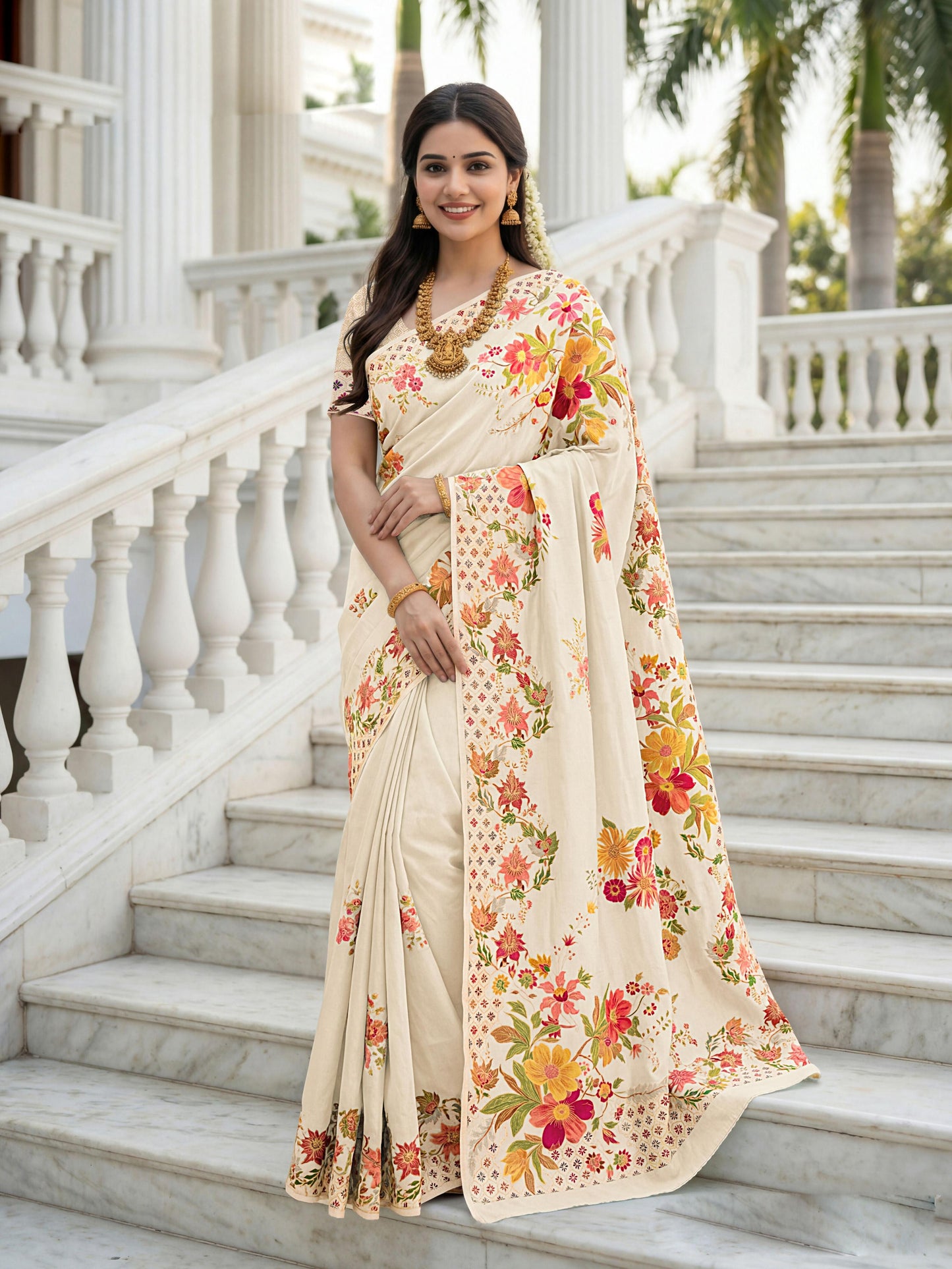 Aastha Fashion Cream Premium Russian Silk Designer Floral Position Print Saree