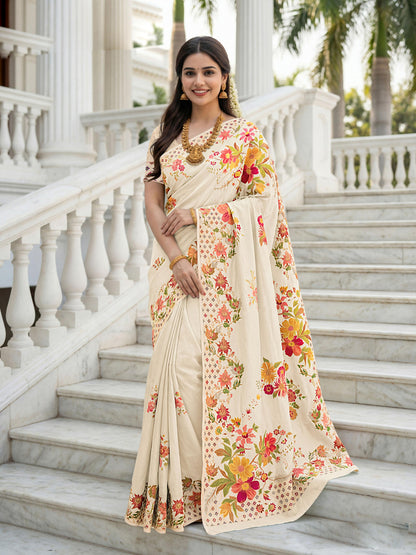 Aastha Fashion Cream Premium Russian Silk Designer Floral Position Print Saree