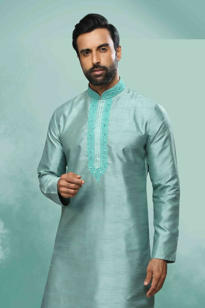 Raivat Ethnic Art Silk Mirror Embroidery Work Kurta Pajama In Sea Green Colour