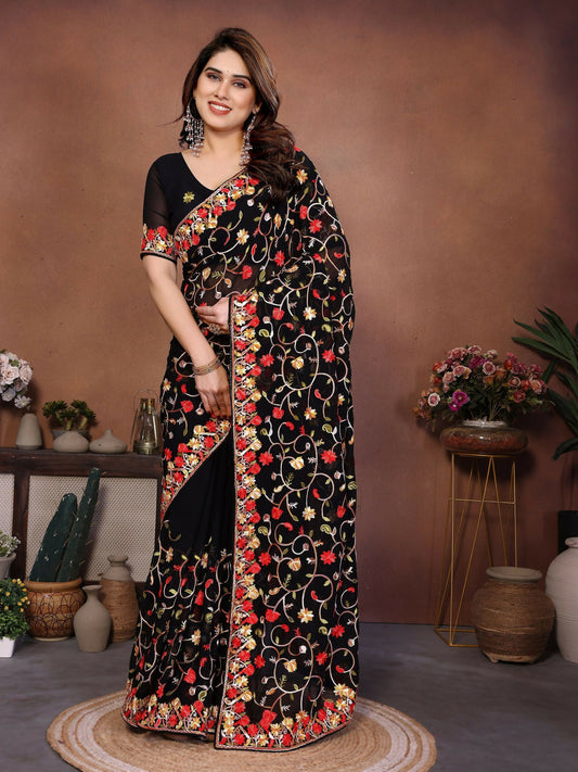 Teeya Creation New Womens Latest Wedding Wear Georgette Saree-Black