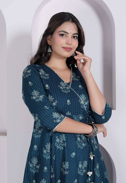 Miravan Womens Blue Ethnic Motifs Printed V-Neck Cotton Angrakha Kurta