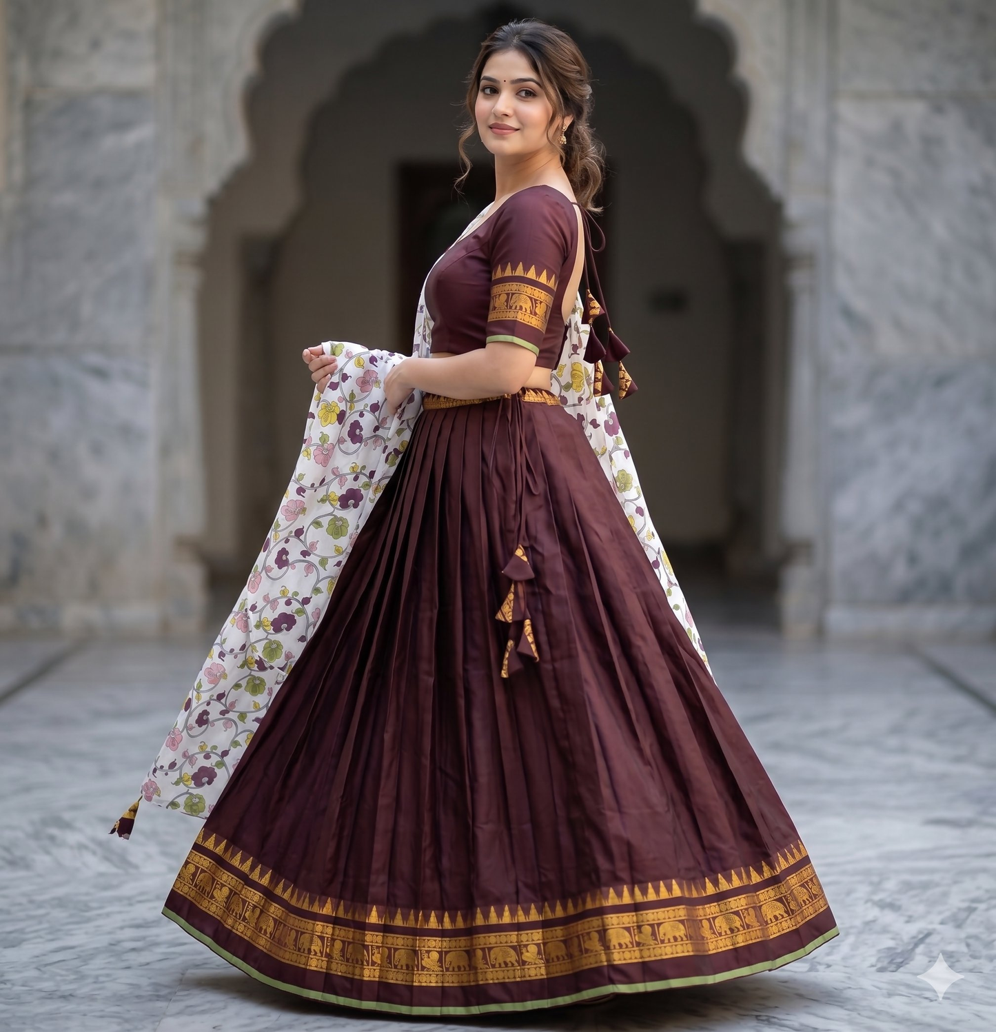 Teeya Creation Womens New Trendy Brown Traditional Pleated Lehenga Choli Set with Floral Printed Dupatta and Contrast Zari Border Set