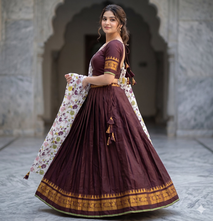 Teeya Creation Womens New Trendy Brown Traditional Pleated Lehenga Choli Set with Floral Printed Dupatta and Contrast Zari Border Set