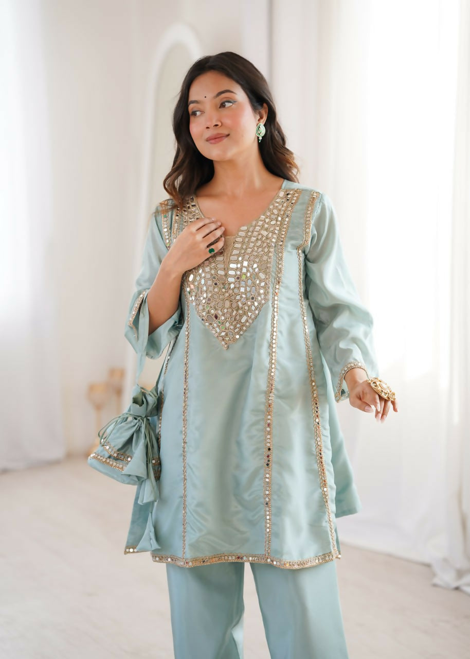 Teeya Creation Womens New Wedding Wear Sky Color With Mirror & Lace Work Kurta Pant Set
