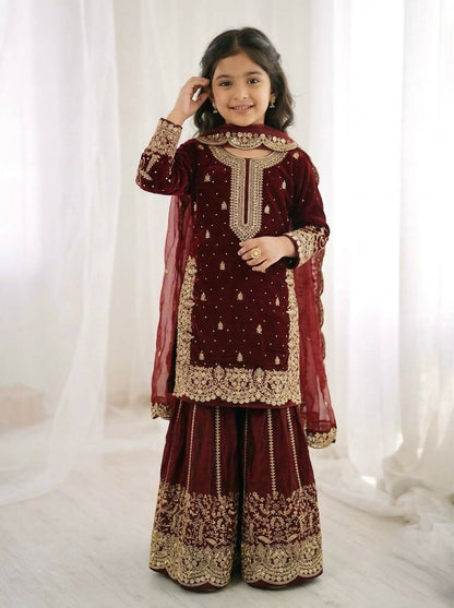 Teeya Creation Girls Heavy Embroidery Maroon Ethnic Kurta And Palazzo Set With Net Dupatta