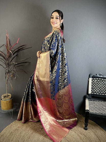 Prime Volt Pure Handloom Kanjivaram Katan Silk Saree with Antique Zari & Contrast Pallu-Deep Vibrant Blue