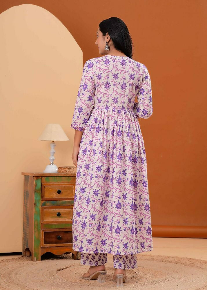 Jaimini Women Cotton Printed V-Neck 3/4 Sleeves Calf Length Alia Cut Kurta Pant And Dupatta Set