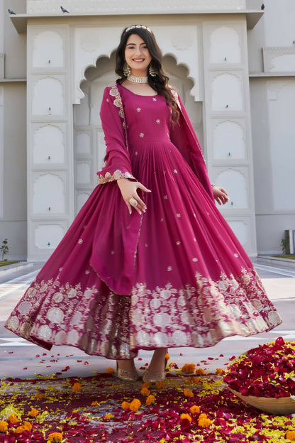 Teeya Creation Womens Wedding Wear Heavy Sequence Embroidery Work Pink Gown Set