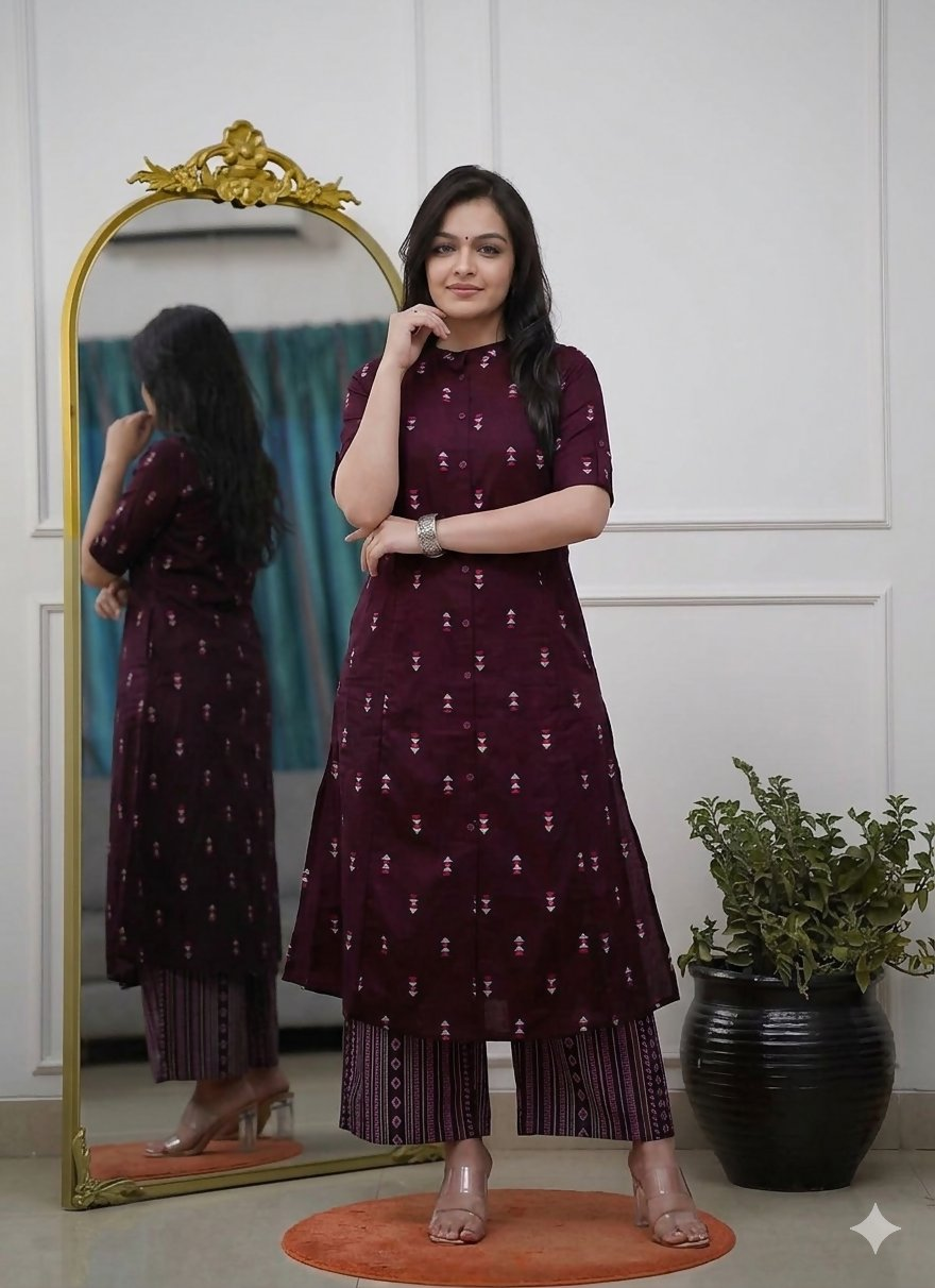 Teeya Creation Sophisticated Wine Colored Straight Kurta With Printed Palazzo Set