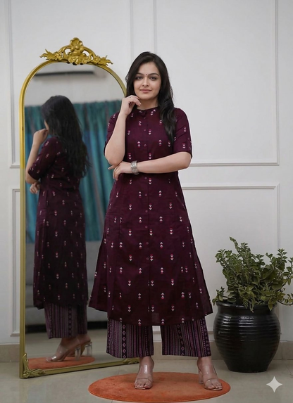 Teeya Creation Sophisticated Wine Colored Straight Kurta With Printed Palazzo Set