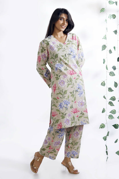 Breathables WomenS Loungewear Long Kurta Co-Ord Set Cotton Cream Floral Print