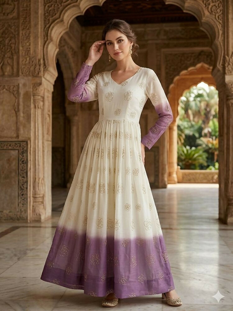 Teeya Creation Lavendar and White Gradient Anarkali Gown with Gold Floral Motifs